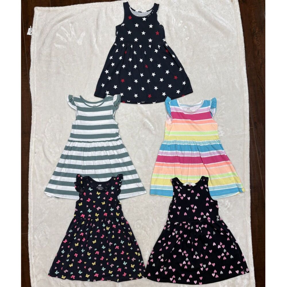 H&M Girls 6pc Organic Cotton Dresses & Cardigan Bundle 3T Scandi Preppy Coquette